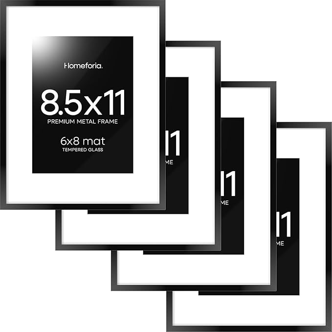 Homeforia Black Picture Frame 8.5 x 11, High End Metal 8.5x11 Poster Frames with Mat 6x8 Photo, 8.5 x 11 Frame Matted to 6 by 8 Art, 8.5by11 Wall or Tabletop Frames, Tempered Glass, Wall Kit, Set of 4