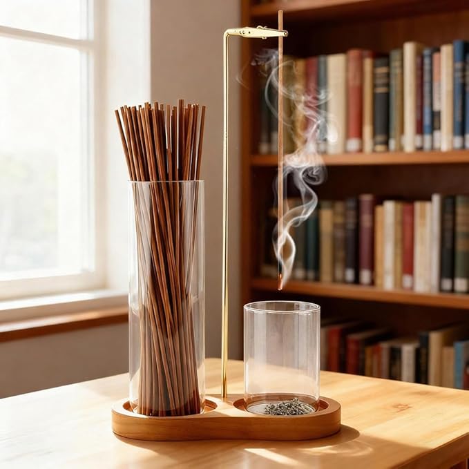 2-in-1 Wooden Incense Holder & Burner – Ash Catcher, Brush, Storage & Anti-Ash Flying | Ideal for Meditation, Yoga, Spa & Home Decor – Modern Vertical Incense Stick Holder