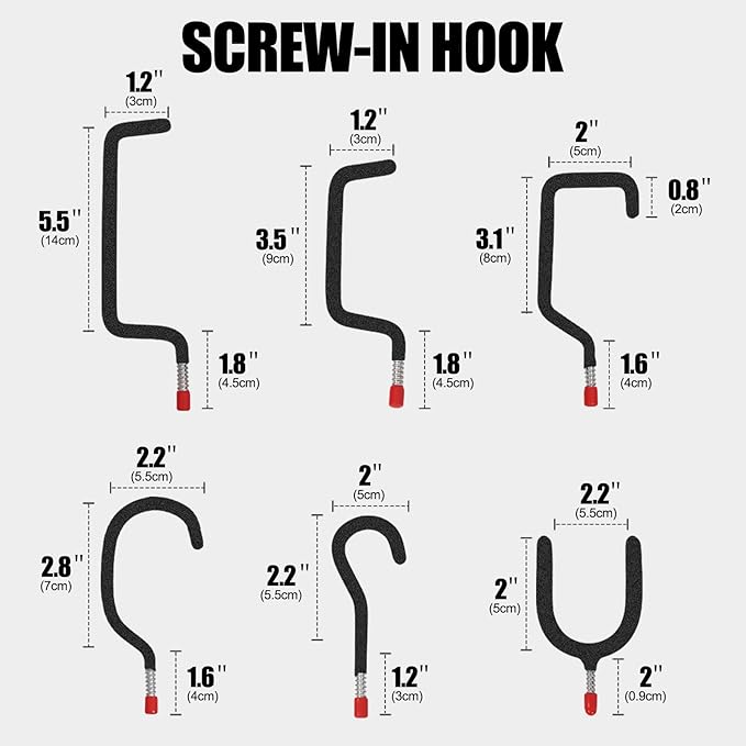 Garage Hooks Heavy Duty, 12-Pack Mixed Utility Garage Hooks, Wall Mounted Steel Tool Hangers for Garage Wall Organizer, Hold Ladders Tools Bikes (Black, 6 Type & 12 Pack)