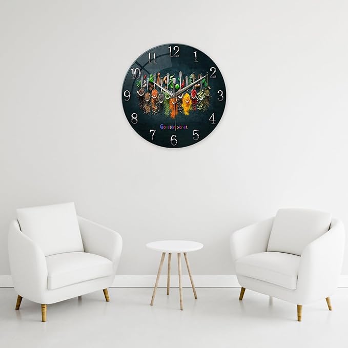 Kitchen Wall Clocks Battery Operated 14 Inches Glass Decorative Clocks for Walls Round Wall Clock Silent Non Ticking