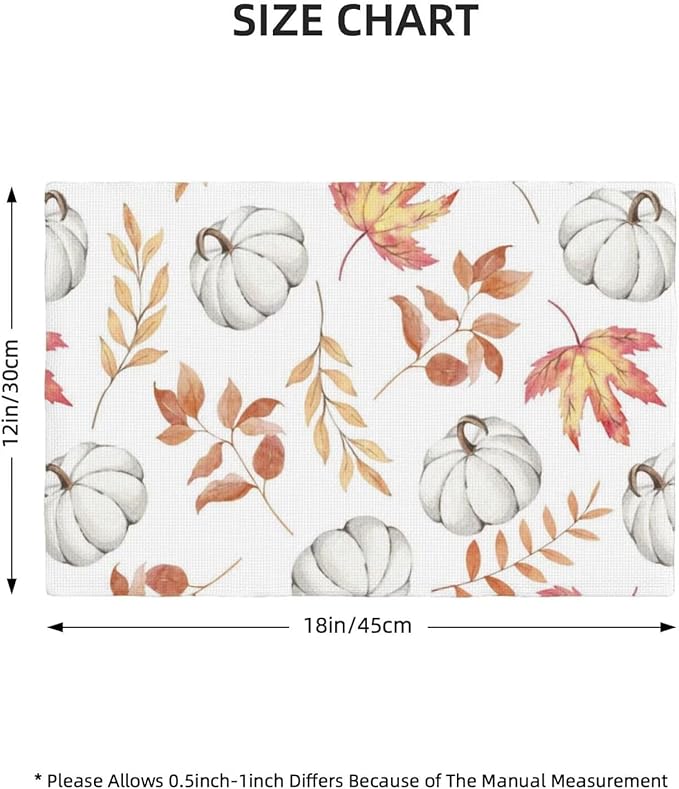 Autumn Pumpkin Placemats, Watercolor Fall Maple Leaves Pumpkins Harvest Thanksgiving Table Mats for Home Kitchen Dining Table Party Decor, 4PCS
