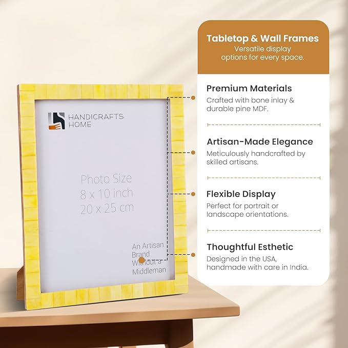 Handicrafts Home Yellow 8x10 Picture Frame for Modern Minimalist Home Decor, Wedding Gift, Farmhouse Wall Decor, Boho Shelf Styling, Vintage Bone inlay Frames for Aesthetic & Living Room Picture Frame
