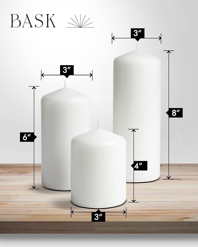 Bask Cone Top Pillar Candles - Elegant White Candles - Set of 3 White Pillar Candles - 3"x4", 3"x6", and 3" x8 - Smokeless and Dripless Decorative Candles for Home Decor and Relaxation