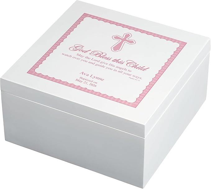 Let's Make Memories Personalized Keepsake Box for Blessed Child - Memories Box - Baptism - Confirmation - Memento Storage - For Girls - 6" Hx12 Sq - God Bless - Pink