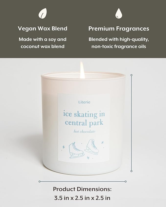 Literie NYC Inspired Scented Candle: Ice Skating in Central Park - Hot Chocolate Scent, 9oz, 50 Hour Burn, Vegan Soy & Coconut Blend Candle for Home Decor, Gift for Women & Men