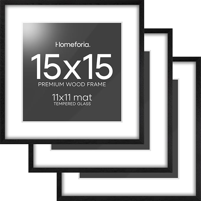 Homeforia 15x15 Black Wood Frame, High End Oak 15 x 15 Square Picture Frames with Mat 11 by 11 inches Photo, 15by15 Black Wooden Poster Frames Matted to 11x11 Print, Tempered Glass, Wall Kit, Set of 3