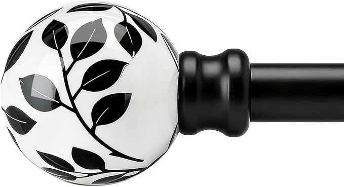 Ceramic Black Curtain Rods for Windows 28 to 48 Inches Adjustable Length Heavy Duty 1" Diameter Window Curtain Rod with Modern Leaf Pattern Decorative Finials for Bedroom Kitchen Living Room