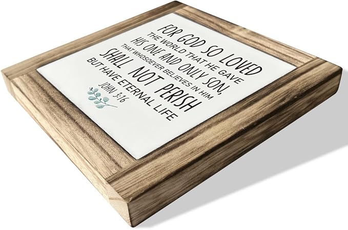 Christian Sign, Box Wood Plaques Desk Décor, Scripture Table Art Sign, Religious Artwork, Home Decor for Living Room Kitchen Bedroom, For God So Loved the World that He Gave - John 3:16