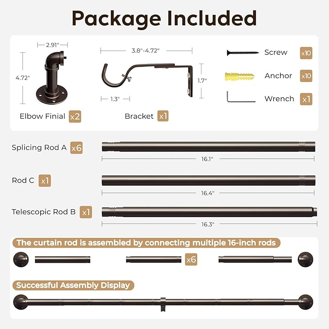 Zeerobee Curtain Rods for Windows 66 to 120, 1 Inch Industrial Wrap Around Curtain Rod, Indoor/Outdoor Room Divider Adjustable Drapery Pole, 66"-120", Antique Bronze