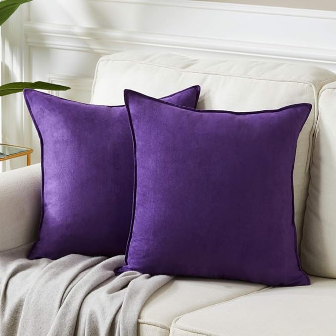 Fancy Homi 2 Packs Premium Faux Suede Decorative Throw Pillow Covers, Super Soft Square Pillow Case,Solid Cushion Cover for Couch/Sofa/Bedroom (18" x 18", Set of 2, Purple)
