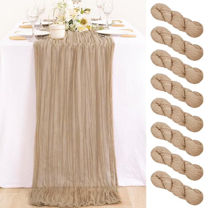 MLMC 8 Pack Nude Cheesecloth Table Runner Boho Rustic Gauze Taupe Cheese Cloth Table Runner 10ft Neutral Home Decor 35x120 Inches for Reception Wedding Bridal Shower Picnic Decor