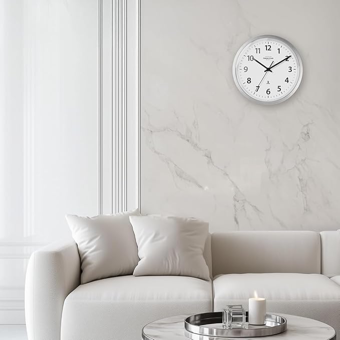 Presentime & Co 10" Atomic Wall Clock, Silent no Ticking, Automatically Sets Itself and Adjust to Daylight Saving Time by WWVB - Faux Stainless Steel Finish. (Home Office)