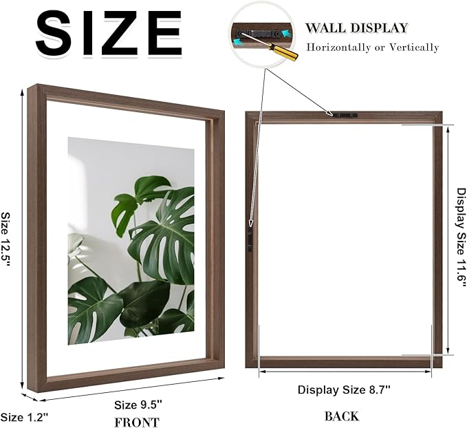 Egofine 9x12 Floating Frames Set of 2, Double Plexiglass Picture Frame, Made of Solid Wood Display Any Size Photo up to 9x12, Wall Mount or Tabletop Standing, Brown