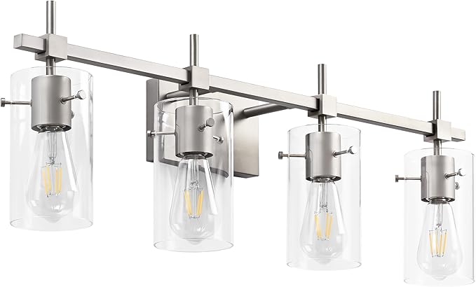 SOLFART 4 Light Bathroom Vanity Lights Bathroom Lights Over Mirror Vintage Bath Lighting Brushed Nickel Wall Sconce with Glass Shade