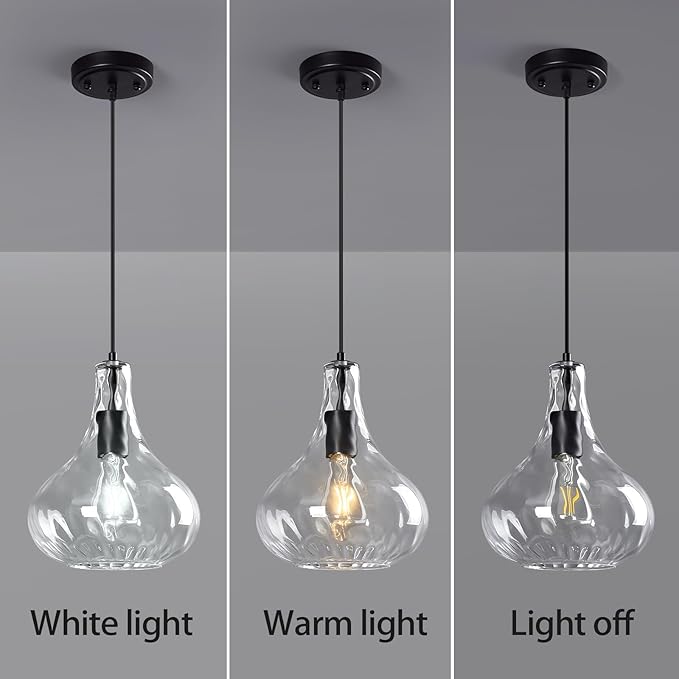 Modern Glass Pendant Light 9.44 in Clear Hammered Glass Shade Black Farmhouse Island Pendant Lights for Kitchen Pendant Lighting Over Sink Bedroom Dining Room