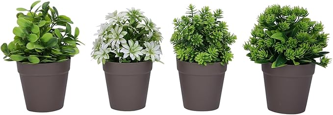 VENTO 4 Pack Fake Artificial Plants with Brown Pots, Realistic Succulent, shrubs Potted Plants for Home, Kitchen, Bathroom, and Office Decor, Durable Non-Toxic Plastic, UV Resistant, Easy to Clean