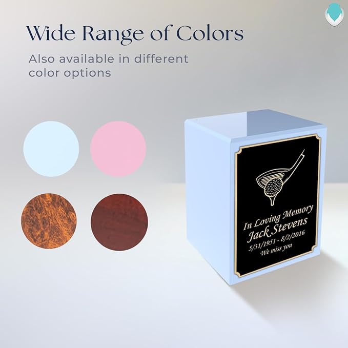 GetUrns Custom Golf Small Urn Box for Human Ashes I Personalized Wooden Keepsake Cremation Urn for Male or Female I Light Blue Memorial Box I 40lbs