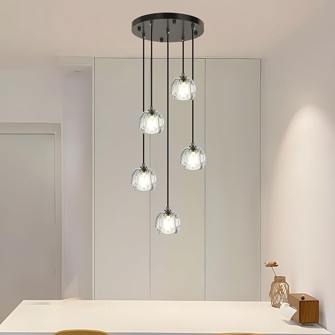 Modern Black Hanging Lights, Round LED Crystal Pendant Lights Fixtures, Raindrop Farmhouse Chandeliers for Dining Room Kitchen Island Living Room