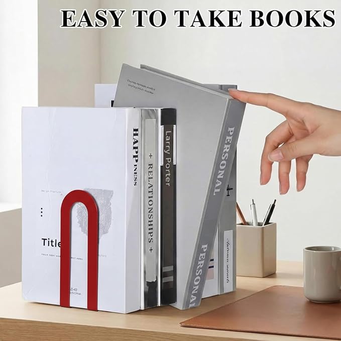 Chunful 6 Pcs Modern Metal Book Ends for Shelves Decorative Small Bookends Book Shelf Organizer Minimalist Design Stopper to Hold Books for Home Office (Red,5.5 * 3.75 * 2.25inch)