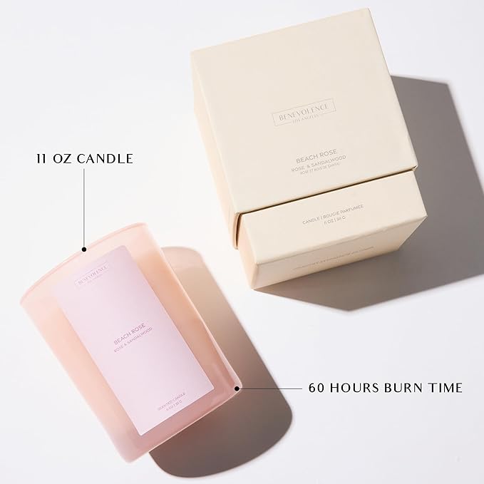 Benevolence LA Beach Rose Gift Box | Candle, Room Spray & Reed Diffuser | Rose & Sandalwood | Elegant Home Fragrance | Ready for Gifting Set | Thanksgiving Gifts for Women