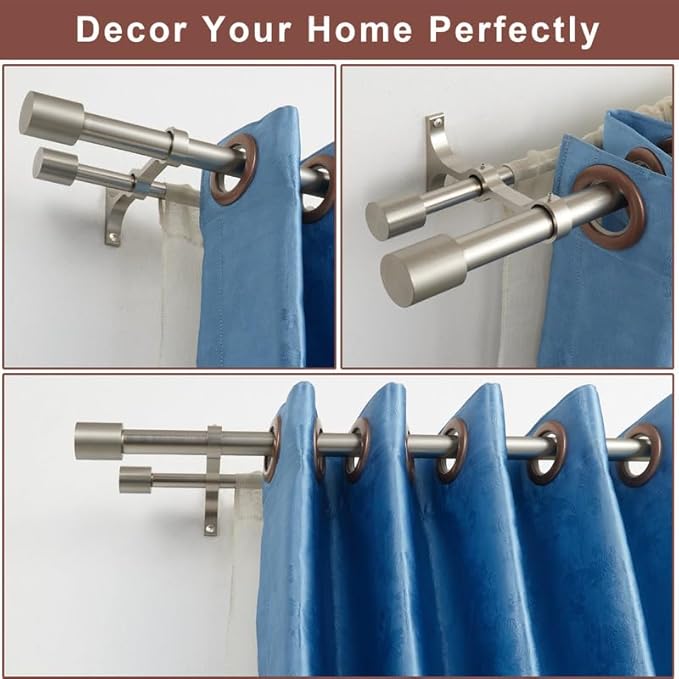 Double Curtain Rods 72-144" (6-12ft), Brushed Nickel Double Drapery Rod with Cap Finials, 1 Inch Front and 5/8 Inch Back Diameter Heavy Duty Dual Curtain Rod, Decorative Double Rods for Window