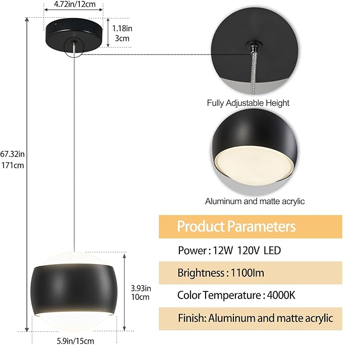 Modern Black LED Dimmable Pendant Light fixtures,6″ Island Pendant Lighting for Kitchen Island Dinning Room,Bedroom,Bar, Kitchen Island Ceiling Hanging Light Fixtures(black-1-Pack)