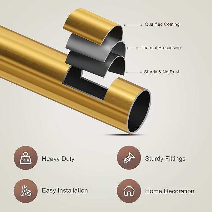 2 Pack Gold Curtain Rods Set for Windows 66 to 120 Heavy Duty 1" Diameter Adjustable Window Single Rods with Solid Metal Finials for Bedroom Living Room Kitchen Farmhouse