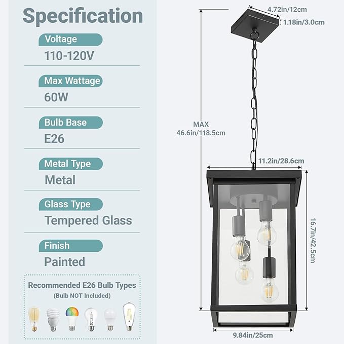 LOUSACE 16.7'' Black Outdoor Pendant Light 4-Light Large Outside Pendant Porch Lights Ceiling Haninging Outdoor Chandelier with Clear Glass Exterior Light Fixtures Lantern for Front Door Foyer Doorway