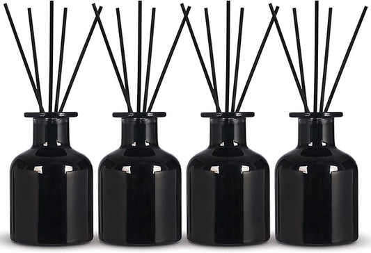 4 Pack Perfume Reed Diffuser Bottle,Empty Big Belly Aromatherapy Essential Oil Bottles Glass Jar with Black Sticks for DIY Fragrance Replacement Diffuser Sets (150ml/ 5 oz, Black Color)