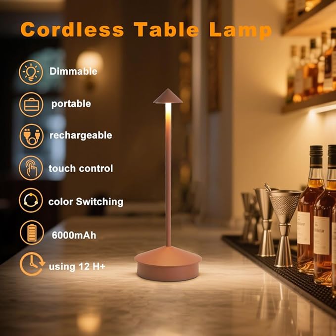 LED Cordless Table Lamps Set of 2, Portable Rechargeable 6000mAh Outdoor Camping Table Lamp,3 Color Stepless Dimming Battery Powered Lamp, Table Light for Dinner/Patio/Restaurant/Bedroom (Brown)