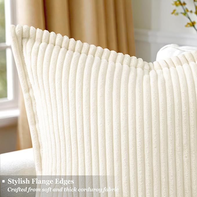 decorUhome Christmas Corduroy Cream White Throw Pillow Covers 12x20 Set of 2 Decorative Soft Boho Farmhouse Lumbar Euro Couch Pillow Covers for Living Room Bed Sofa Broadside Striped Pillow Cases