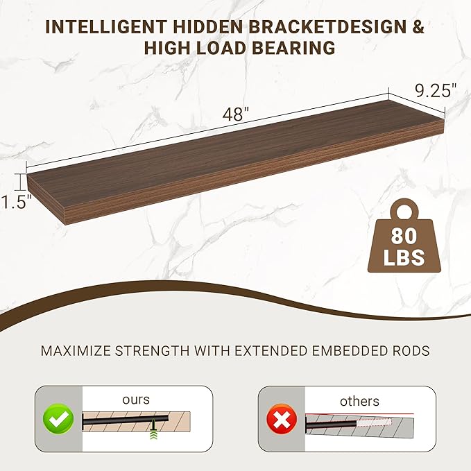 48 Inch Floating Shelves, 48"x9.25"x1.5" Inch Deep Floating Shelves for Wall, Wooden Shelves for Bathroom, Bedroom, Living Room, Walnut, 1 Piece
