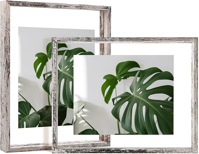 Egofine Distressed White 11x14 Floating Frames Set of 2, Double Plexiglass Picture Frame, Made of Solid Wood Display Any Size Photo up to 11x14, Wall Mount or Tabletop