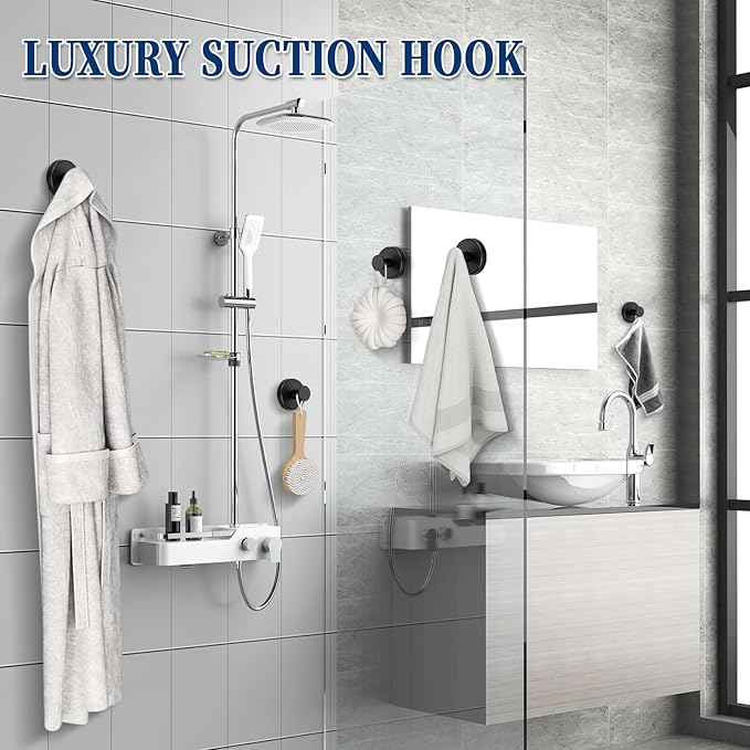 Suction Cup Hooks No Drill Stainless Steel Shower Hooks Towel Hook Heavy Duty on Smooth and Non-Porous Surfaces in Bathrooms Kitchen Bedroom (2, Matte Black)