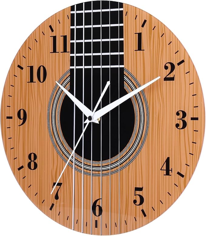 12 Inch Music Themed Wall Clock with Wooden Guitar Dial, Silent Clock Movement and Battery Operated, Great Decor for Music Room, Bedroom and Nice Gifts for Guitar Lover and Musicians