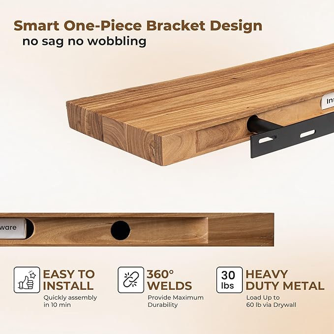 Axeman 24 inch Floating Shelves for Wall - 8'' D Live Edge Rustic Solid Elm Wood Floating Shelves Wall Mounted, Wall Shelves with Invisible Bracket for Living Room Bedroom Kitchen, Set of 2 Natural
