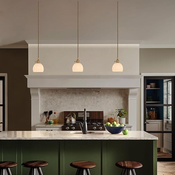 Pendant Light with White Tulip Glass Lmapshade, Brass Vintage Pendant Light Adjustable Hanging Light for Kitchen Island Dining Room Hallway
