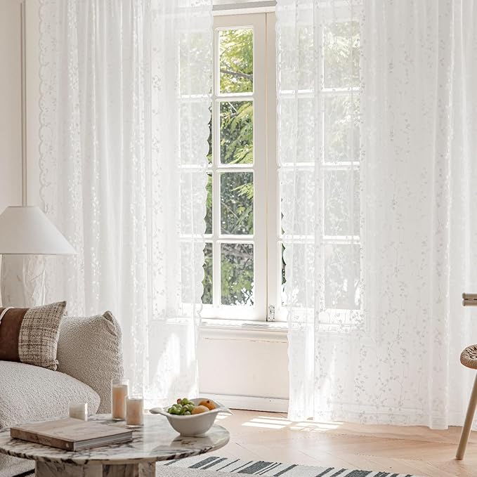96-Inch White Lace Sheer Curtains – Vintage Branch Pattern Lace for Bedroom/Living Room, Light Filtering Rod Pocket Drapes, Privacy Chic Window Treatments, 52W x 96L Inch, 2-Panel Set