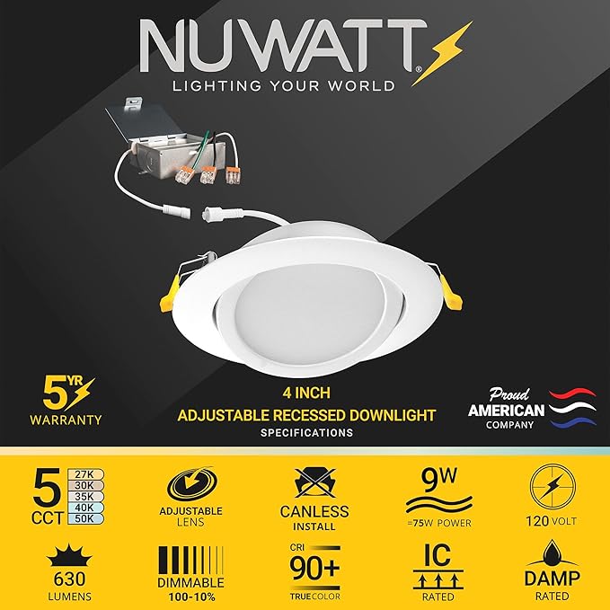 NuWatt 12 Pack, 4 Inch Canless Gimbal LED Recessed Lighting, 5CCT 2700K/3000K/3500K/4000K/5000K Selectable, 630 Lumen, Dimmable, Adjustable Eyeball Wafer Lights for Sloped Ceilings, Metal Junction Box