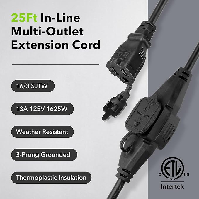 BN-LINK 25 ft Outdoor Extension Cord w/3 Inline Outlets 16/3 Gauge, SJTW for Landscaping & Holiday Decorations, Grounded, ETL Listed(Black)
