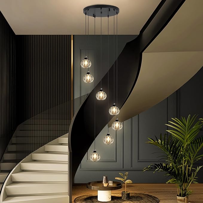 Crystal Chandeliers for Staircases, 7-Light Black Modern Chandeliers for High Ceilings，Crystal Pendant Light Fixture for Living Room Kitchen Island Foyer Hallway Bar