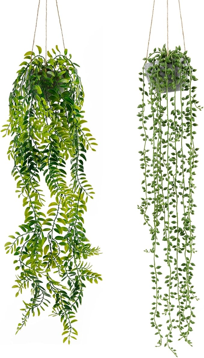 2PCS Artificial Hanging Trailing Plants Potted,Realistic Faux Small Hanging Plants for Bedroom Living Room Home Office Table Decor Indoor Outdoor