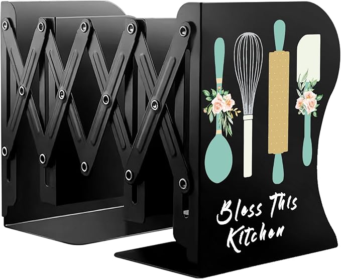 Cookbook bookends, Kitchen bookends, Adjustable Metal Book Ends for Shelves Decorative Unique Design for Heavy Books,Non-Skid Book Holder for Kitchen Housewarming Cooking Lover Gifts (Black 2)