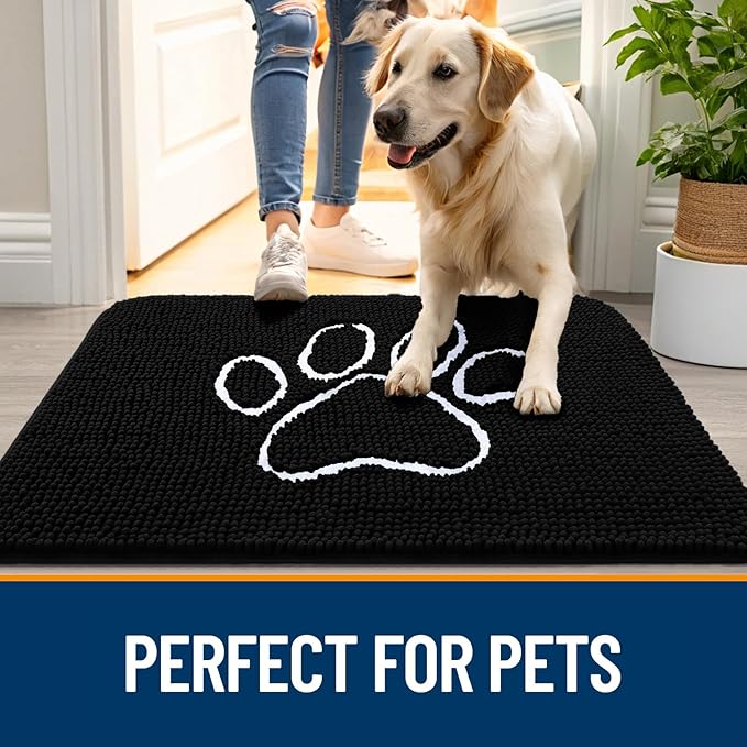 OLANLY Dog Door Mat for Muddy Paws 40x32, Paw Print Design, Absorbs Moisture and Dirt, Absorbent Non-Slip Washable Doormat, Quick Dry Chenille Mud Mat for Dogs, Entry Indoor Entryway Carpet, Black