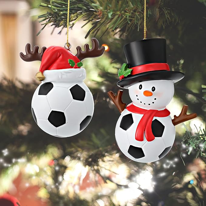 Jetec 2 Pieces Christmas Hat Soccer Ornament Snowman Hanging Ornament Xmas Reindeer Soccer Pendent Resin Snowman Decoration Christmas Tree Decoration for Fireplace Bedside Desks Shelf