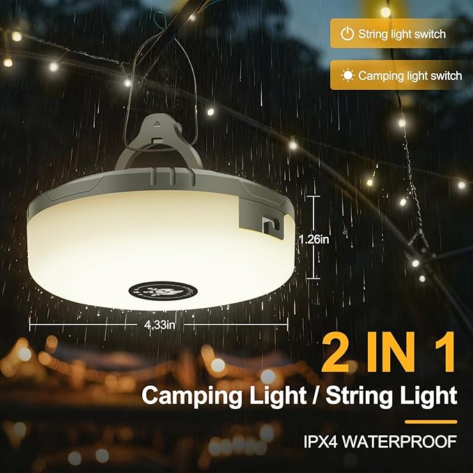 Camping String Lights,4 in 1 Portable 32.8FT Light,Rechargeable Outdoor String Lights with 8 Lighting Modes,Hanging Portable LED Lamp for Christmas,Garden,Camping Essentials