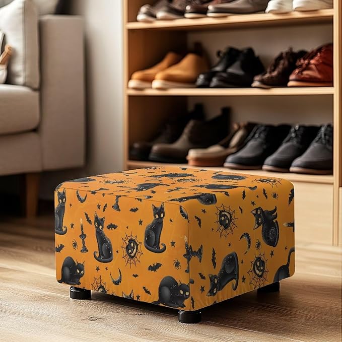 Rectangle Ottoman Cover Black Cat Stretch Ottoman Slipcover Removable Washable Folding Storage Footstool Protector with Elastic Bottom for Halloween Living Room Decor