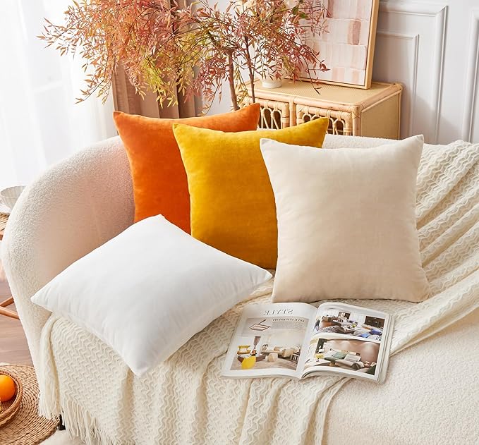 Throw Pillow Covers Neutral Beige Set of 2 22x22 Inch Pillow Covers, Soft Velvet Farmhouse Decorative Pillowcases for Couch Sofa Bed, Home Boho Decor, Modern Cushion Covers