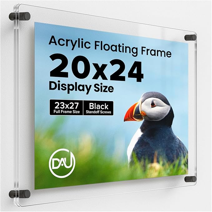 Acrylic Floating Frames Black Standoffs(single) 20" x 24" Clear Acrylic Frames for Wall Mount Floating Picture Frame, Diploma Poster Certificate Hanging Photo Display Degree Prints Artwork Documents
