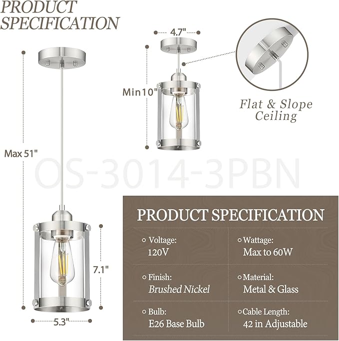 Brushed Nickel Pendant Lights Kitchen Island 3 Pack, Modern Kitchen Pendant Lighting Over Island with Clear Glass, Farmhouse Mini Hanging Light for Sink Dining Room, OS-3014-3PBNC
